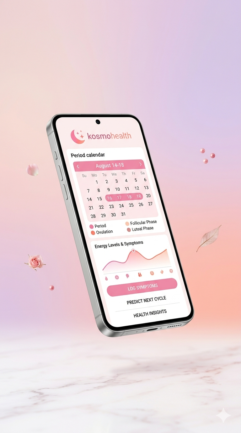 KosmoHealth app dashboard shown on a smartphone mockup